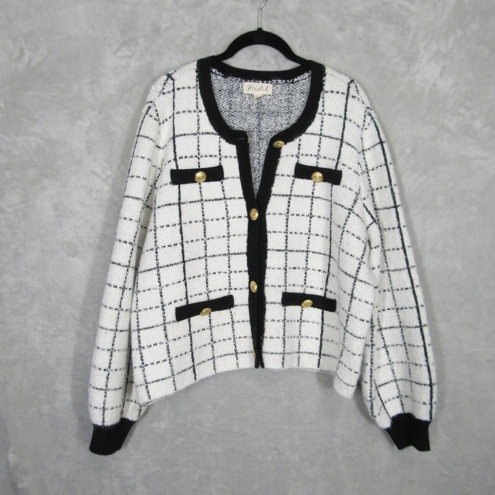 Marled Size XL Boucle Cardigan Jacket Black White Grid Gold Button Fuzzy Soft - Picture 1 of 11